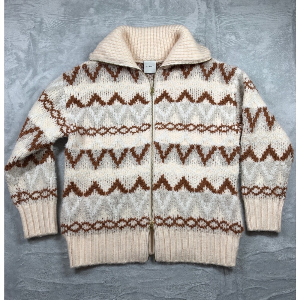 Varley Brooke Fair Isle Knit Jacket S Cream Brown Full Zip Nordic Sweater